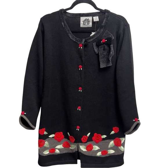 Storybook Knits Vintage Long Embroidered Rose Floral Teacher Cardigan Sweater - Picture 1 of 17